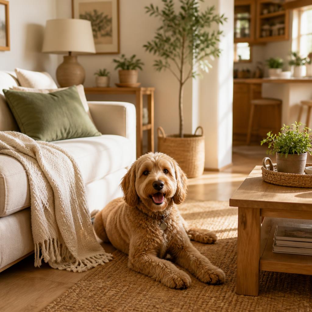 Chien allongé sur un tapis dans un salon lumineux et chaleureux