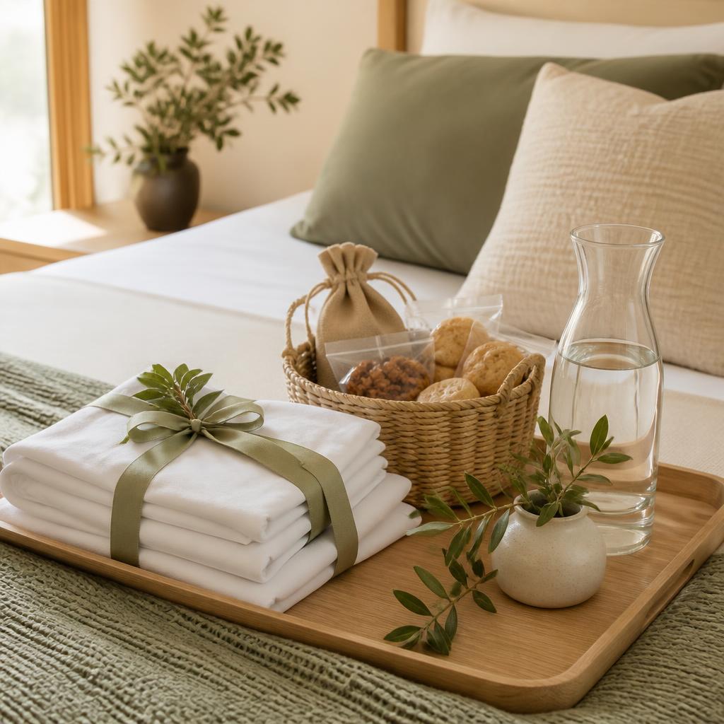 Plateau en bois avec linge plié, panier de gourmandises et carafe d'eau sur un lit